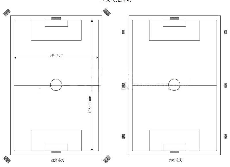 不帶跑道11人制足球場地照明四角布燈和六桿布燈圖，八桿布燈可以直接咨詢